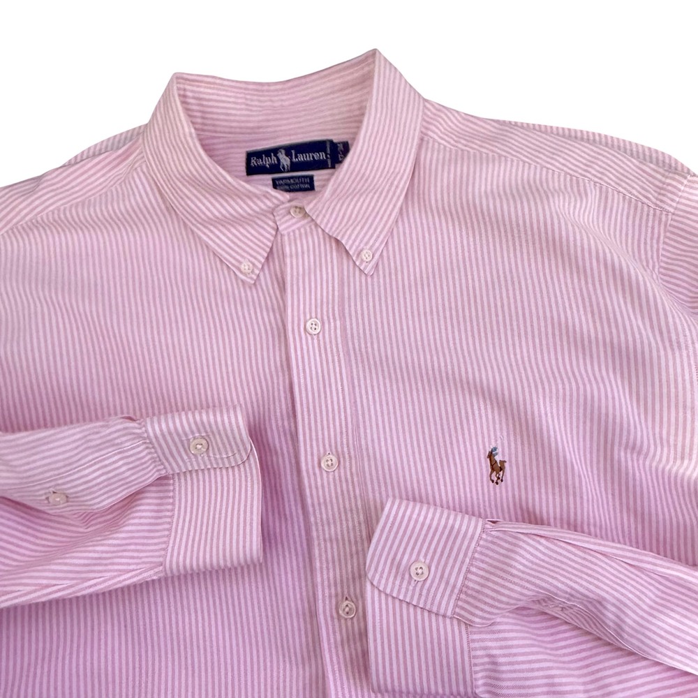 Ralph Lauren Pink White Stripe Yarmouth Dress Shirt Size 17 34 Preppy Flesh Pony